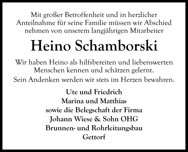  Traueranzeige für Heino Schamborski vom 24.05.2018 aus Kieler Nachrichten