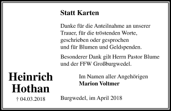 Traueranzeige von Heinrich Hothan von Hannoversche Allgemeine Zeitung/Neue Presse