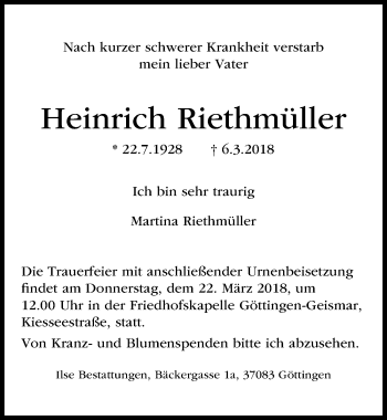 Traueranzeige von Heinrich Riethmüller von Göttinger Tageblatt