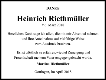 Traueranzeige von Heinrich Riethmüller von Göttinger Tageblatt