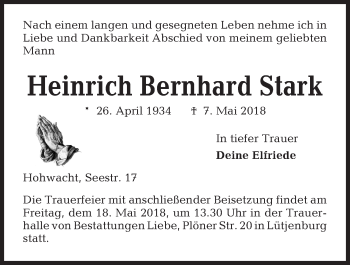 Traueranzeige von Heinrich Bernhard Stark von Kieler Nachrichten
