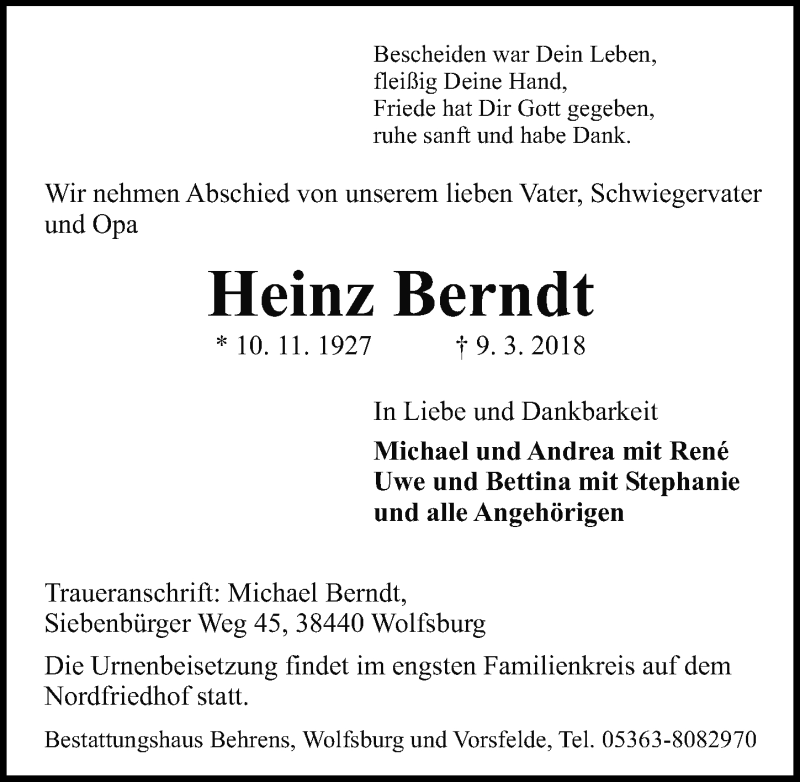  Traueranzeige für Heinz Berndt vom 14.03.2018 aus Aller Zeitung