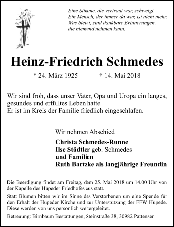 Traueranzeige von Heinz-Friedrich Schmedes von Hannoversche Allgemeine Zeitung/Neue Presse