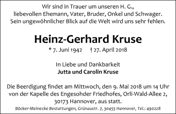 Traueranzeige von Heinz-Gerhard Kruse von Hannoversche Allgemeine Zeitung/Neue Presse