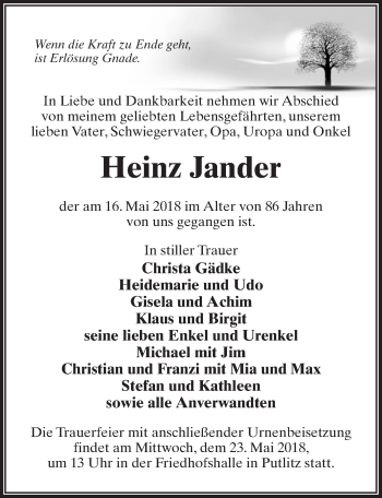 Traueranzeige von Heinz Jander von Märkischen Allgemeine Zeitung
