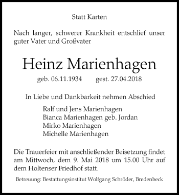 Traueranzeige von Heinz Marienhagen von Hannoversche Allgemeine Zeitung/Neue Presse