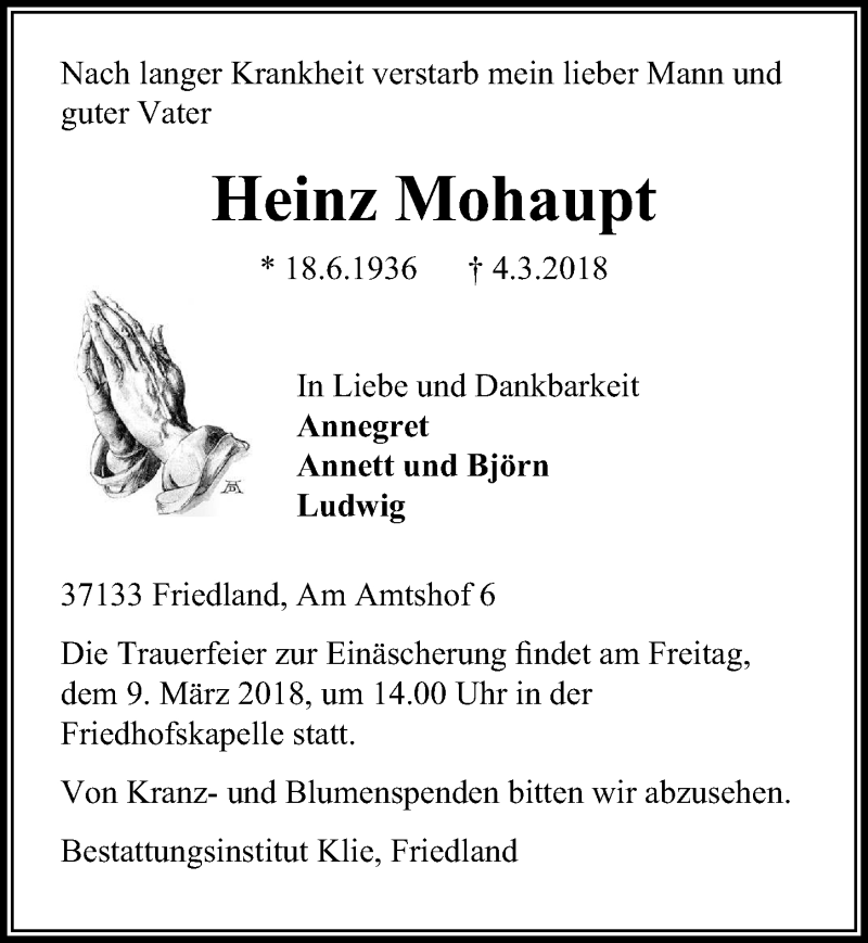  Traueranzeige für Heinz Mohaupt vom 06.03.2018 aus Göttinger Tageblatt