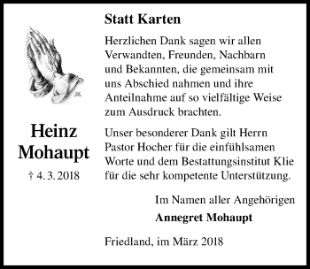 Traueranzeige von Heinz Mohaupt von Göttinger Tageblatt