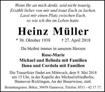 Traueranzeige von Heinz Müller von Hannoversche Allgemeine Zeitung/Neue Presse