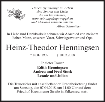 Traueranzeige von Heinz-Theodor Henningsen von Märkischen Allgemeine Zeitung