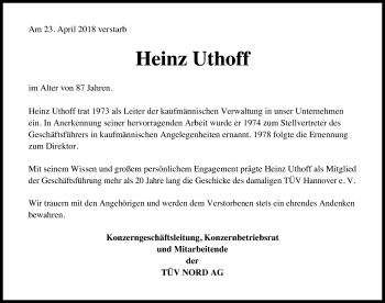 Traueranzeige von Heinz Uthoff von Hannoversche Allgemeine Zeitung/Neue Presse