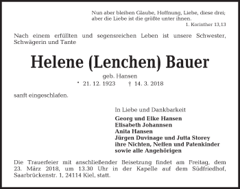 Traueranzeige von Helene Bauer von Kieler Nachrichten