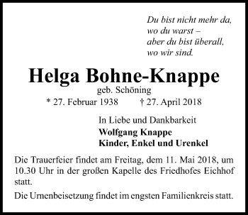 Traueranzeige von Helga Bohne-Knappe von Kieler Nachrichten