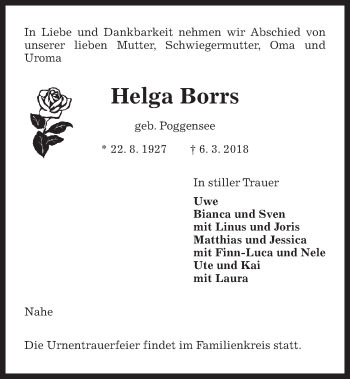 Traueranzeige von Helga Borrs von Kieler Nachrichten