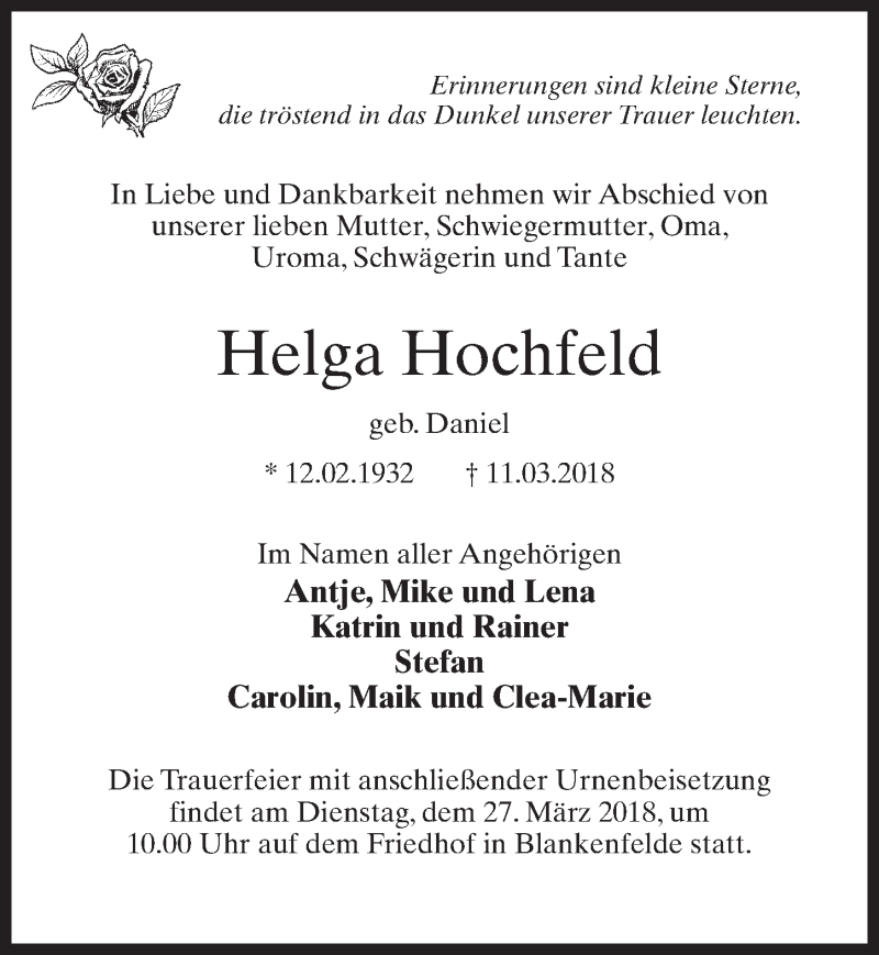  Traueranzeige für Helga Hochfeld vom 17.03.2018 aus Märkischen Allgemeine Zeitung