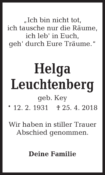 Traueranzeige von Helga Leuchtenberg von Kieler Nachrichten