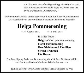 Traueranzeige von Helga Pommerening von Hannoversche Allgemeine Zeitung/Neue Presse