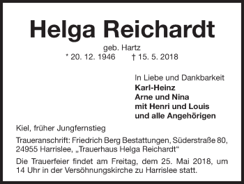 Traueranzeige von Helga Reichardt von Kieler Nachrichten