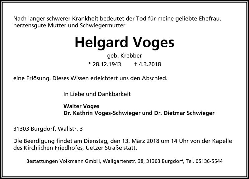  Traueranzeige für Helgard Voges vom 07.03.2018 aus Hannoversche Allgemeine Zeitung/Neue Presse