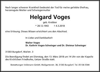 Traueranzeige von Helgard Voges von Hannoversche Allgemeine Zeitung/Neue Presse