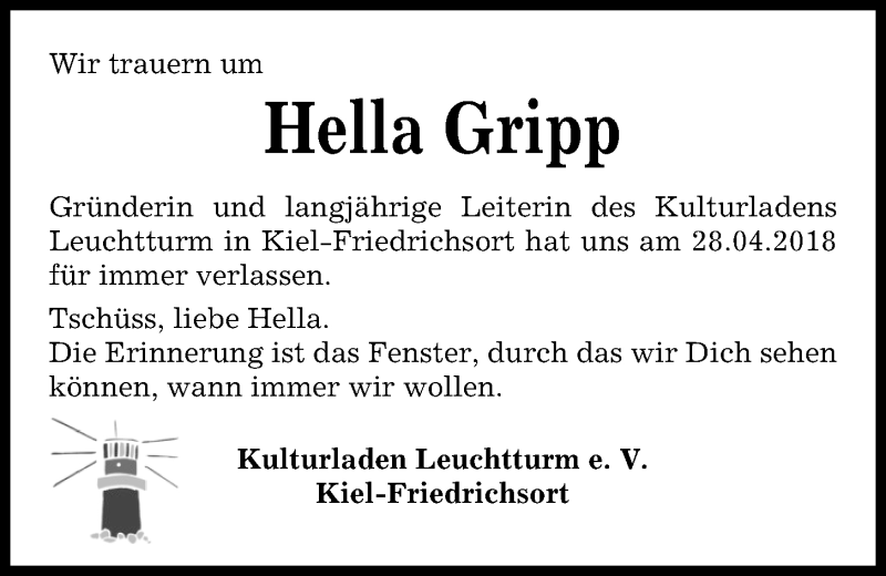  Traueranzeige für Hella Gripp vom 05.05.2018 aus Kieler Nachrichten