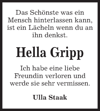 Traueranzeige von Hella Gripp von Kieler Nachrichten