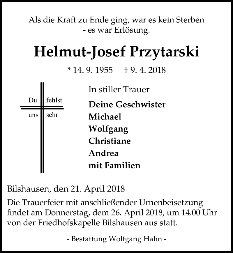  Traueranzeige für Helmut-Josef Przytarski vom 21.04.2018 aus Eichsfelder Tageblatt