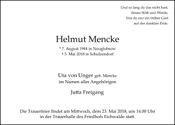 Traueranzeige von Helmut Mencke von Märkischen Allgemeine Zeitung