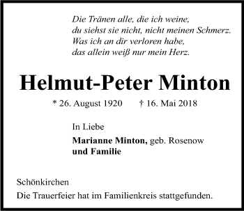 Traueranzeige von Helmut-Peter Minton von Kieler Nachrichten