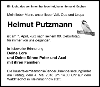 Traueranzeige von Helmut Putzmann von Märkischen Allgemeine Zeitung