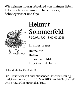 Traueranzeige von Helmut Sommerfeld von Ostsee-Zeitung GmbH