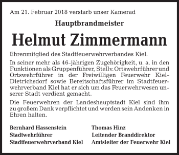 Traueranzeige von Helmut Zimmermann von Kieler Nachrichten