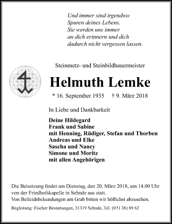 Traueranzeige von Helmuth Lemke von Hannoversche Allgemeine Zeitung/Neue Presse