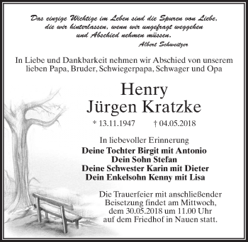 Traueranzeige von Henry Jürgen Kratzke von Märkischen Allgemeine Zeitung