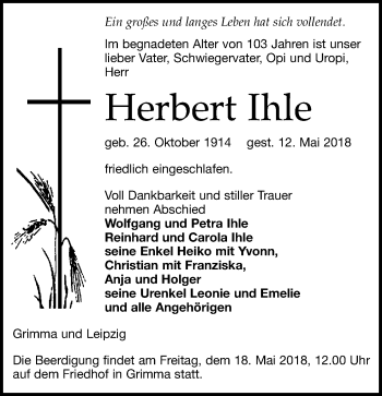 Traueranzeige von Herbert Ihle von Leipziger Volkszeitung
