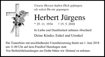 Traueranzeige von Herbert Jürgens von Ostsee-Zeitung GmbH