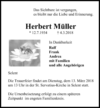Traueranzeige von Herbert Müller von Kieler Nachrichten