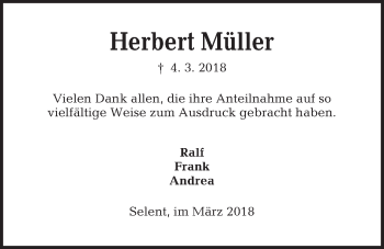 Traueranzeige von Herbert Müller von Kieler Nachrichten