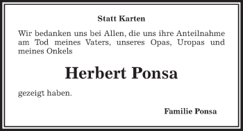 Traueranzeige von Herbert Ponsa von Kieler Nachrichten