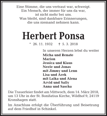 Traueranzeige von Herbert Ponsa von Kieler Nachrichten