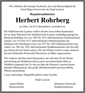 Traueranzeige von Herbert Rohrberg von Hannoversche Allgemeine Zeitung/Neue Presse