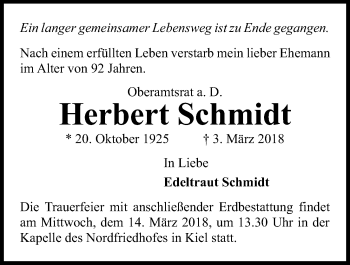 Traueranzeige von Herbert Schmidt von Kieler Nachrichten