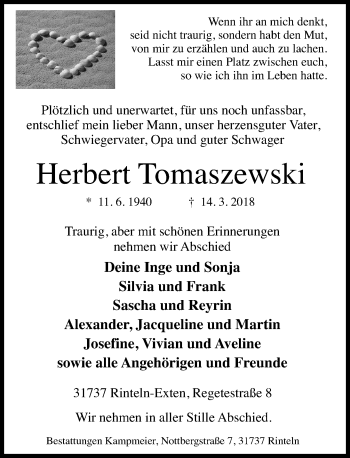 Traueranzeige von Herbert Tomaszewski von Schaumburger Nachrichten