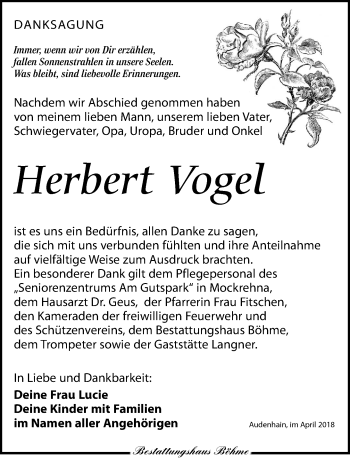 Traueranzeige von Herbert Vogel von Torgauer Zeitung