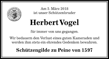 Traueranzeige von Herbert Vogel von Peiner Allgemeine Zeitung