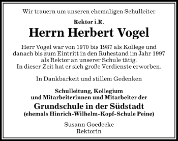 Traueranzeige von Herbert Vogel von Peiner Allgemeine Zeitung
