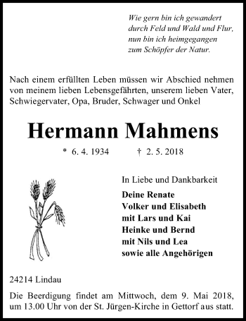 Traueranzeige von Hermann Mahmens von Kieler Nachrichten