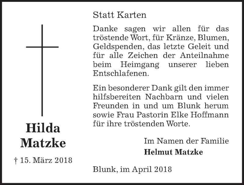  Traueranzeige für Hilda Matzke vom 11.04.2018 aus Kieler Nachrichten