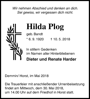Traueranzeige von Hilda Plog von Ostsee-Zeitung GmbH