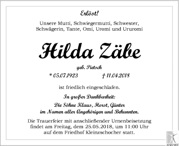 Traueranzeige von Hilda Zäbe von Leipziger Volkszeitung